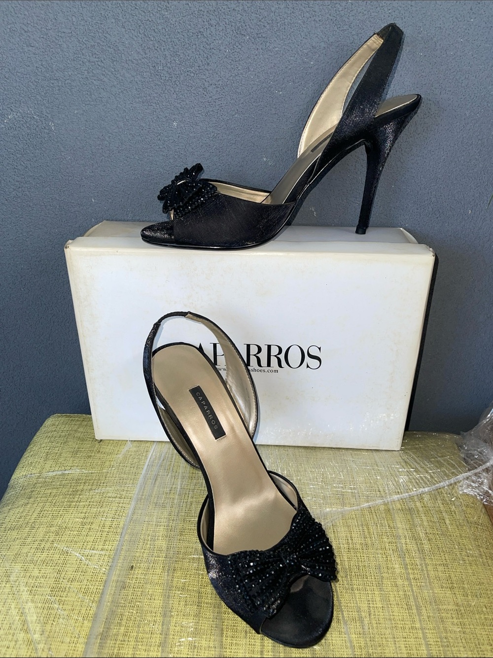 Caparros Black Beaded Peep-Toe Slingbacks sz10